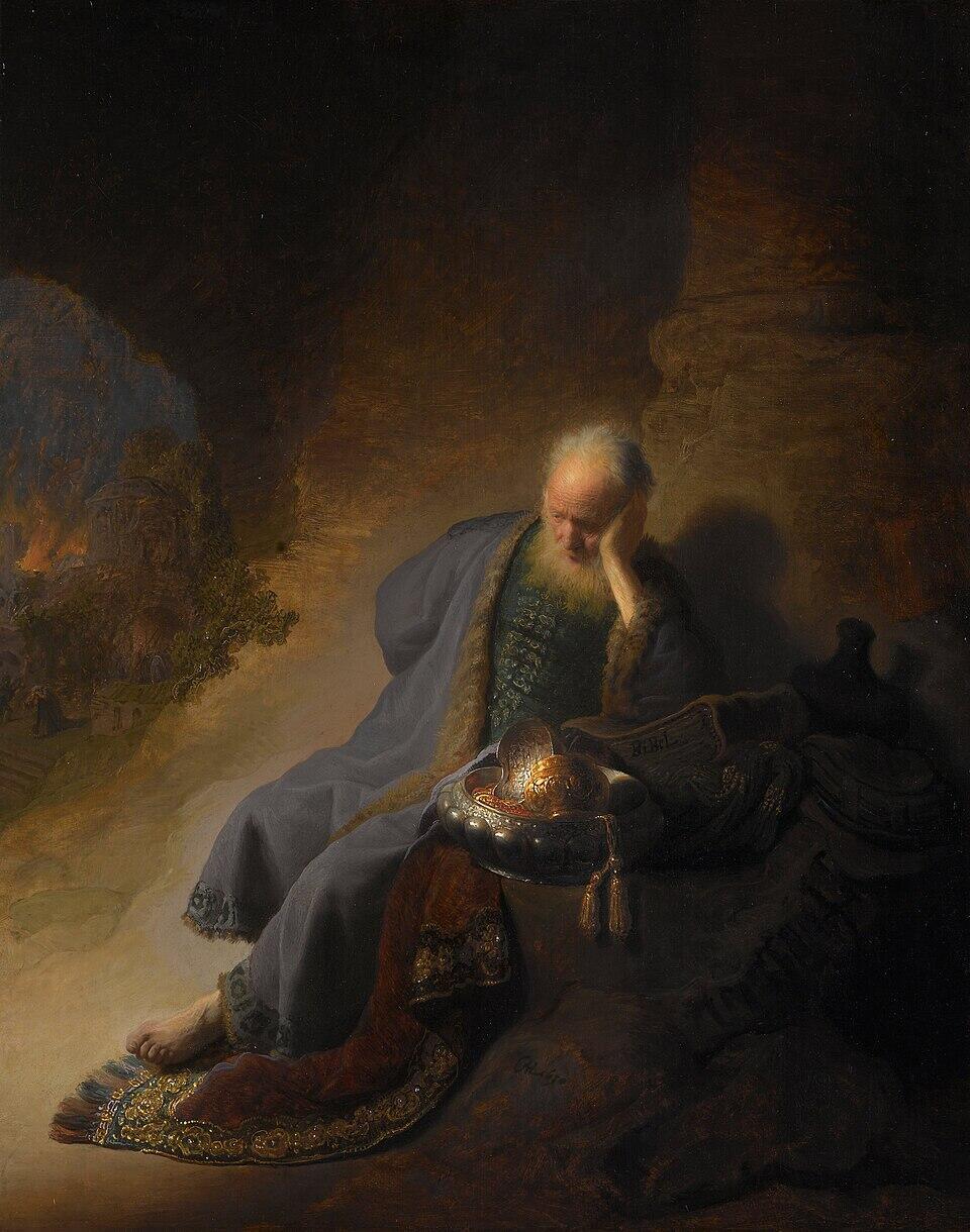 Jeremiah lamenting the destruction of Jerusalem, a 17th-century painting by Rembrandt ירמיהו מבכה את חורבן ירושלים – ציור של רמברנדט מהמאה ה-17