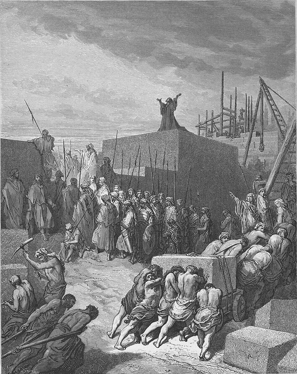 The rebuilding of the Temple begins, an engraving by Gustave Doré בניית בית המקדש מחדש מתחילה – תחריט של גוסטב דורה