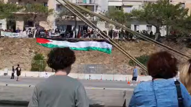 The scene greeting the Mano Maritime ship in Sitia, Crete (Photo: Ido Kreshuber) מחאה פרו-פלסטינית מול אוניית מנו ספנות בכרתים