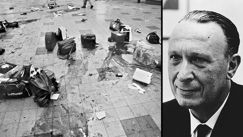 Aharon Katzir; archive footage from the 1972 airport terror attack (Photo: Weizmann Institute, AFP) אהרון קציר , ארכיון מתקפת הטרור 1972בנמל התעופה בלוד