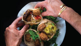 Hummus, falafel and fried eggplant from the Tel Aviv-based HaKosem