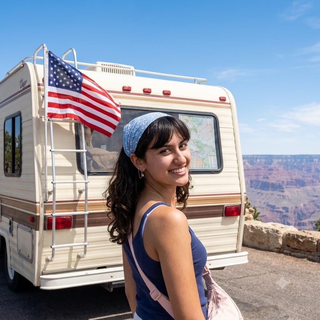 Crossing America by RV (Photo: Courtesy of Tamar Cesana) תמר צזנה על רקע הקרוואן