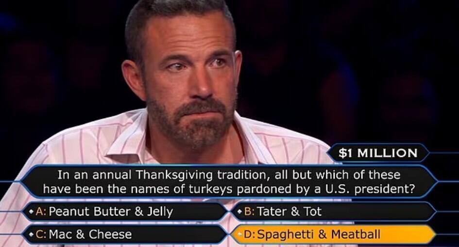 The host Jimmy Kimmel posed the $1 million question: 'As part of the annual Thanksgiving tradition, which of the following turkey names was not pardoned by a US president?' (Photo: Screenshot) בן אפלק
