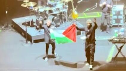 דדי ג'י ורוברט דל נאג'ה מלהקת מאסיב אטאק אוחזים בדגל פלסטין במהלך ההופעה בסיגנפור