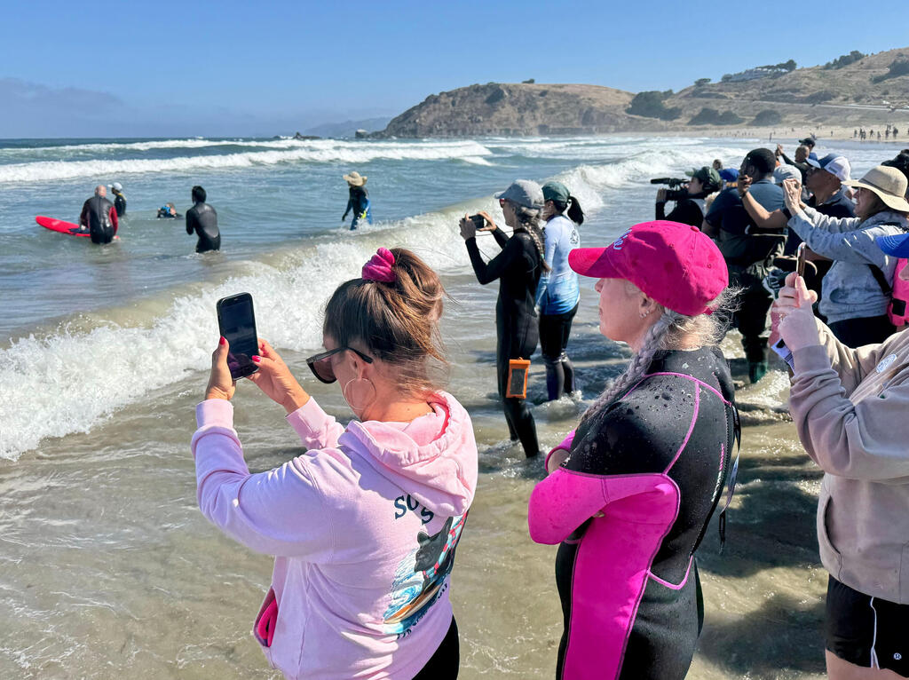 The crowd cheers on their favorite surfing dogs (Photo: Haven Daley/AP) הקהל בתחרות גלישת הגלים לכלבים שנערכה בעיירת החוף פסיפיקה