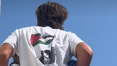 דגל פלסטין ואיור של המחבלת שאחראית לפיגוע הרצחני ב"אוטובוס הדמים" ב-1978