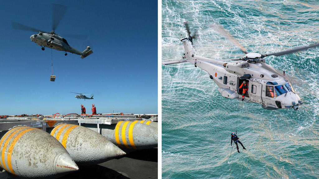 From right: An NH90 during a rescue exercise, a Seahawk delivers ammunition crates to an aircraft carrier (Photo: USN SAR) From right: An NH90 during a rescue exercise, a Seahawk delivers ammunition crates to an aircraft carrier