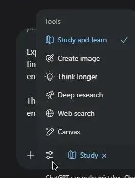 Study Mode in ChatGPT (Screenshot) מצב הלמידה ב-ChatGPT