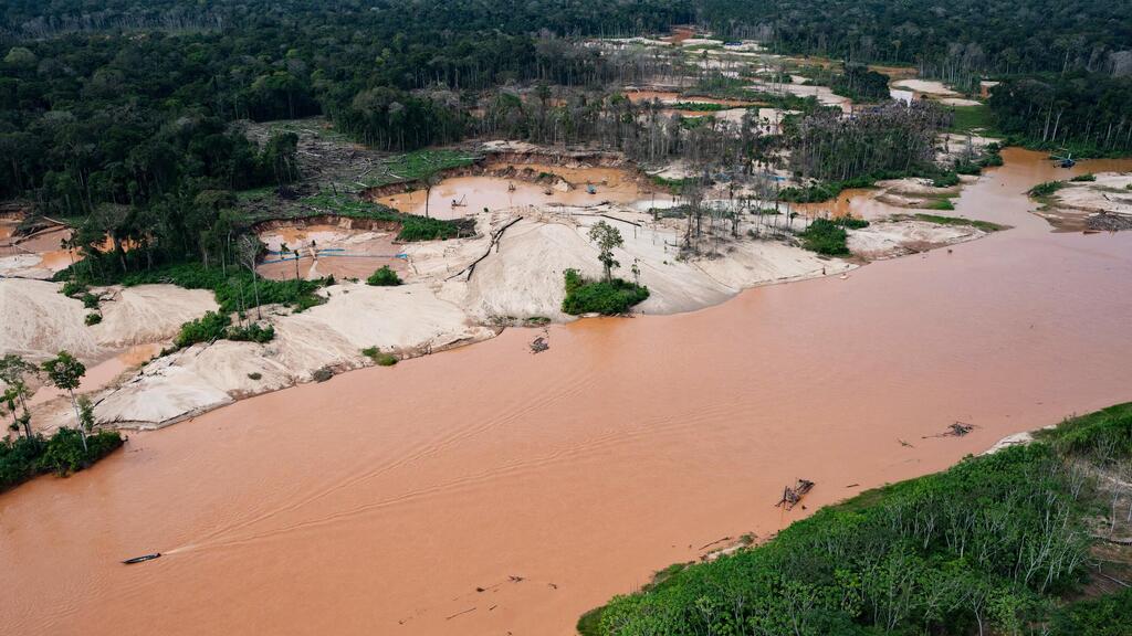 Deforestation due to illegal gold mining (Photo: Guadalupe Pardo/AP) כריתת יערות כתוצאה מכריית זההב בלתי חוקית גובלת בנהר מלינובסקי בשמורת טמבופאטה הלאומית בפוארטו מלדונדו