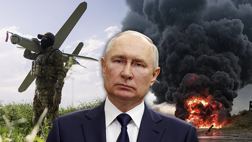 Putin, a Ukrainian soldier with a drone before launch — and damage deep inside Russia (Photo: Sirena Telegram channel via AP, Diego Fedele/Getty Images) Putin, a Ukrainian soldier with a drone before launch — and damage deep inside Russia
