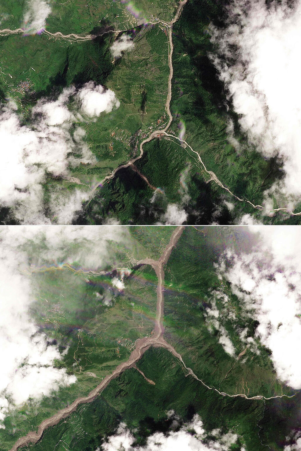 The flood zone and overflowing river: top, Aug. 23 before the disaster; bottom, Aug. 26, hours after the flooding (Photo: 2026 PLANET LABS PBC / AFP) נפאל אסון שיטפון שיטפונות גבול טיבט 26 באוגוסט אחרי האסון (למטה) ו 23 באוגוסט לפני האסון (למעלה)