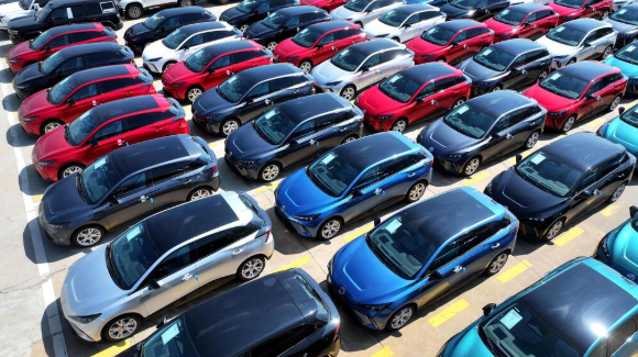 New electric vehicles at a port in China ahead of export