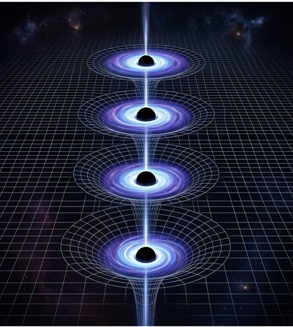 Several black holes rotating along a common axis (Illustration: Generated using artificial intelligence) מספר חורים שחורים מסתובבים על ציר משותף