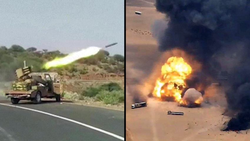 Houthis footage which they claim shows an attack on weapons equipment that Saudi Arabia transferred to a military camp in northern Yemen (Photos:ANSARULLAH MEDIA CENTRE/AFP, NATIONAL RESISTANCE FORCES IN YEMEN / HANDOUT/AFP) תיעוד שפרסמו החות'ים חות'ים שבו לטענתם נראה מתקפה על ציוד נשק ש סעודיה העבירה למחנה צבאי בצפון תימן 7 בספטמבר