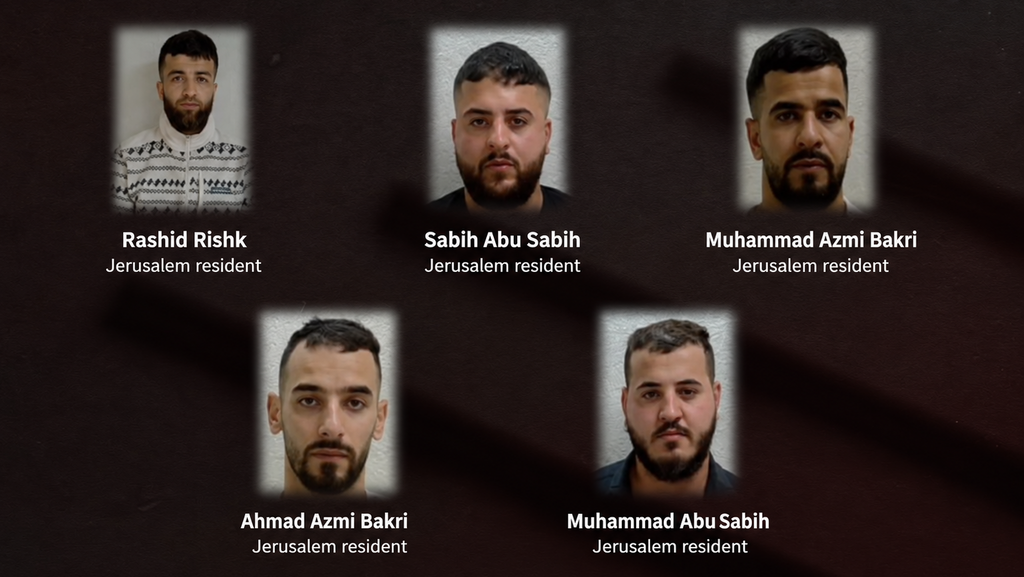 Five Jerusalem Palestinians charged over alleged involvement in a terror network, in an infographic released by the Shin Bet 