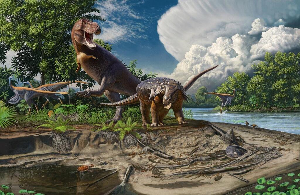 Illustration of a Tyrannosaurus rex roaming the landscape and terrorizing other dinosaurs of its time (Illustration: Andrey Atuchin) איור של טירנוזאורוס רקס, משוטט במרחב ומטיל אימה על דינוזאורים אחרים שחיו בתקופתו