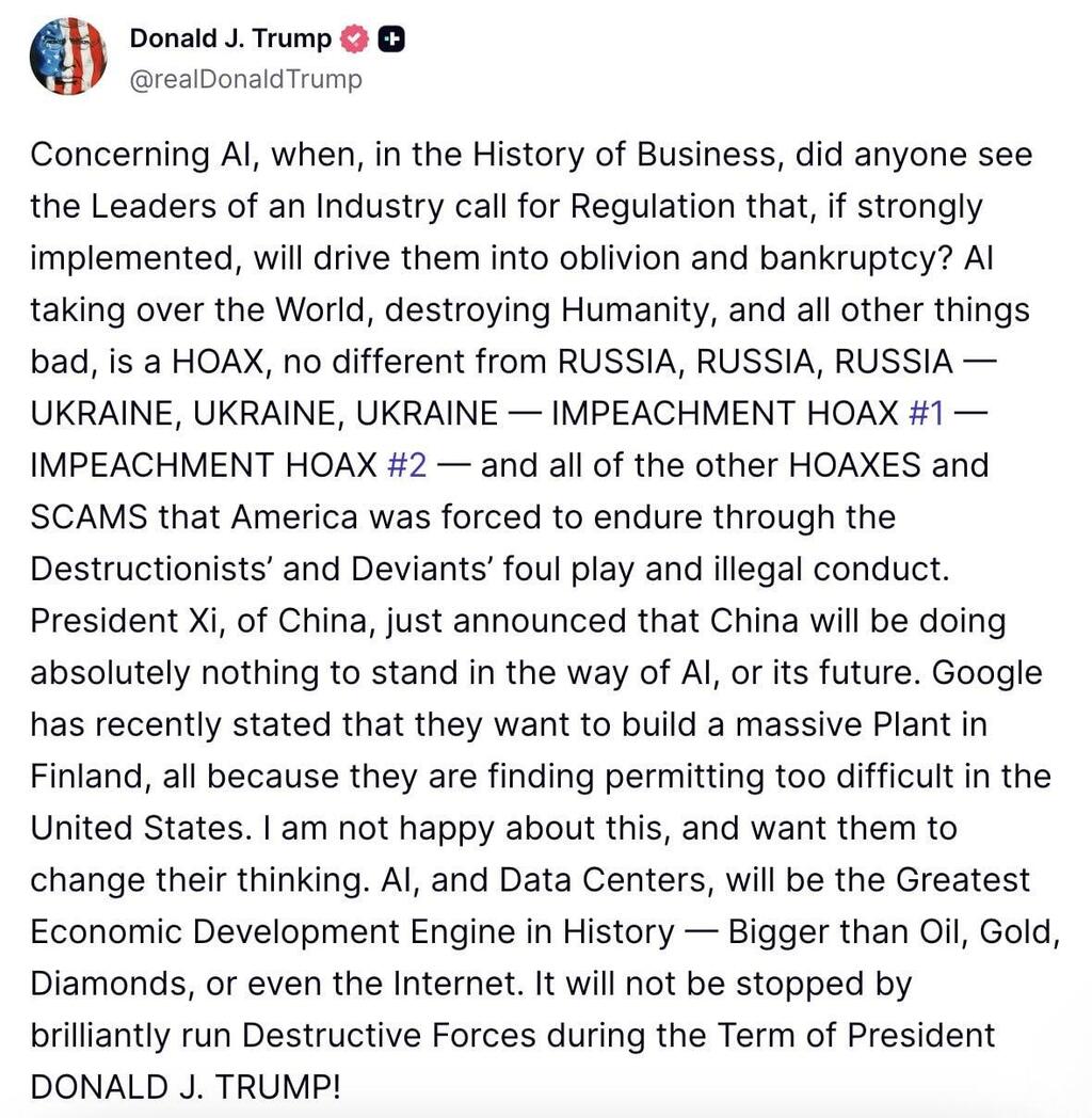 Another Trump post on Truth Social about artificial intelligence (AI) פוסט של נשיא ארה"ב טראמפ ב truth social על בינה מלאכותית AI