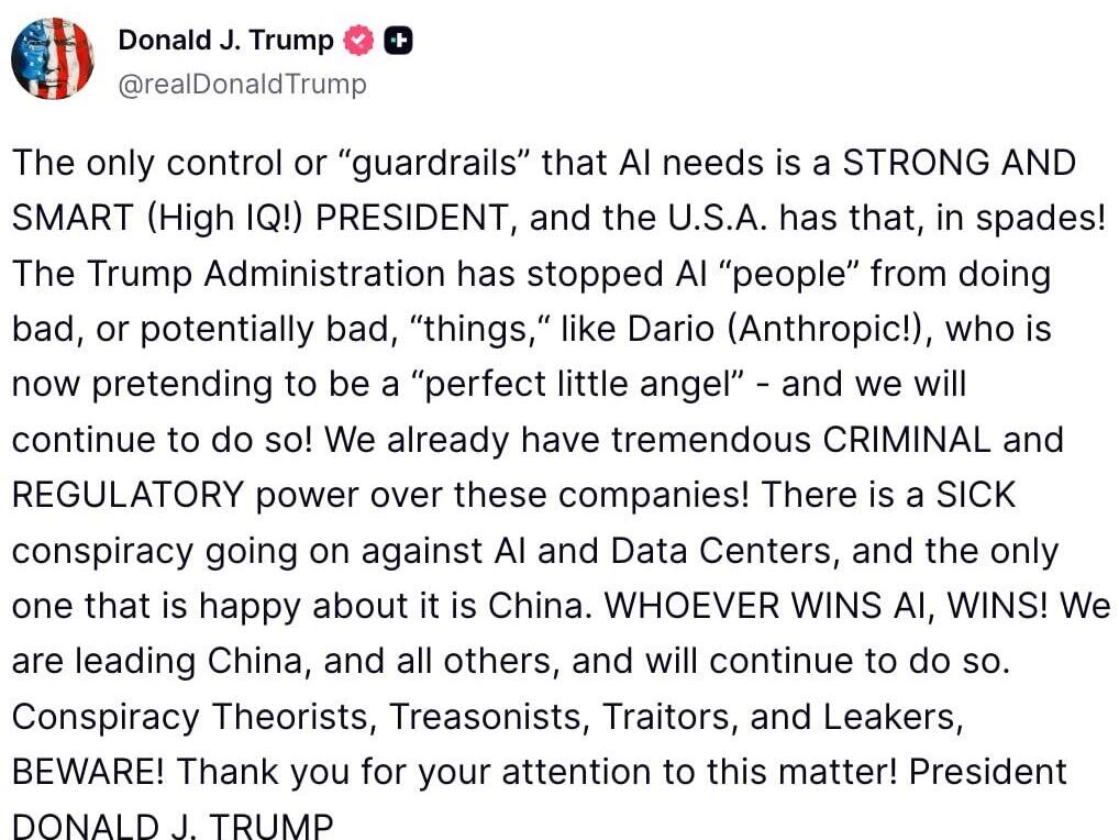 US President Trump's post on Truth Social about artificial intelligence (AI) פוסט של נשיא ארה"ב טראמפ ב truth social על בינה מלאכותית AI