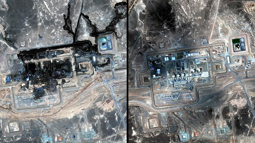 The damaged ‘Hormuz bypass’ seen from satellite. Right: before the strike, Oct. 29, 2025; left: Sept. 13 (Photo: AFP PHOTO / Satellite image ©2026 Vantor) אזור מדינה ב סעודיה