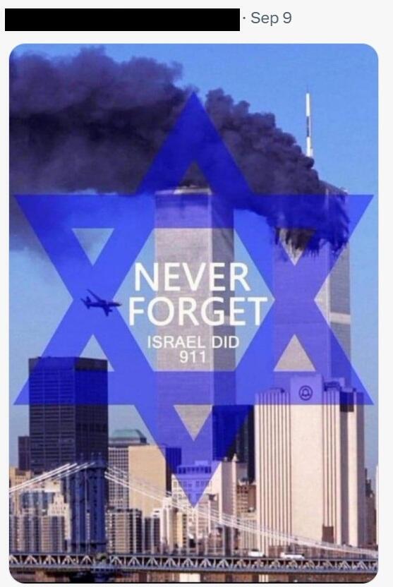 Image shared on X falsely claims Israel carried out the Sept. 11 attacks (Photo: from X) תמונה ששותפה ב-X עם האשמה שקרית שישראל ביצעה את פיגועי 11 בספטמבר