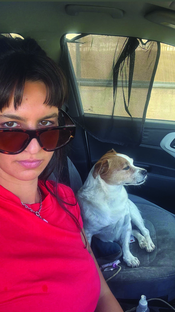 'I do find myself in extreme situations, but I also like things to be interesting.' Gal in the car with Milo (Photo: Private album) גל שילר