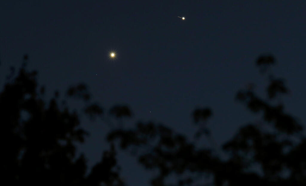 Venus, left, in the night sky alongside Jupiter (Photo: Ted S. Warren/AP) כוכב הלכת נוגה (משמאל) בשמי הלילה, לצד כוכב הלכת צדק