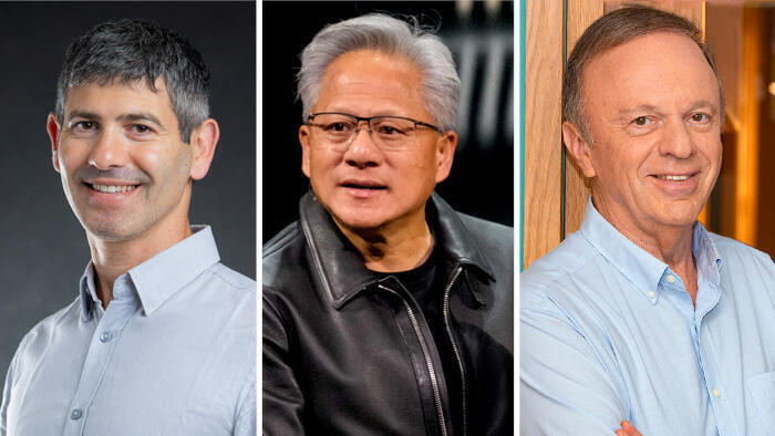 From right: Nvidia CTO Michael Kagan, Nvidia founder and CEO Jensen Huang, and new group head Nati Daniel (Photo: Nati Daniel; Kent Nishimura/Bloomberg) From right: Nvidia CTO Michael Kagan, Nvidia founder and CEO Jensen Huang, and new group head Nati Daniel