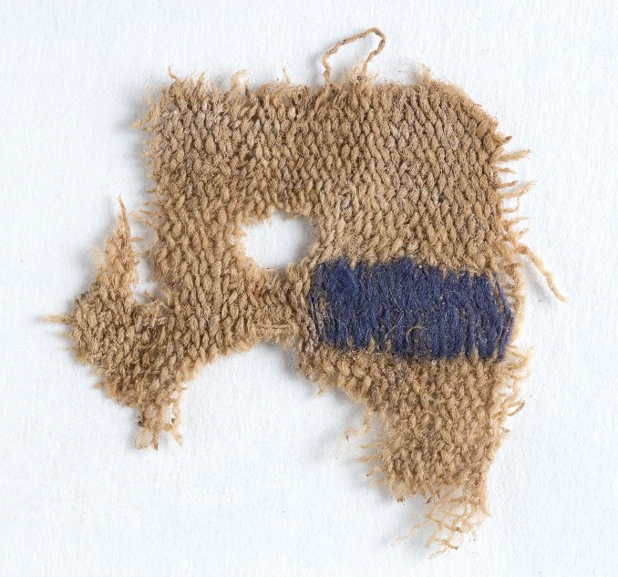 A piece of woolen fabric dyed with a light blue stripe (a blue-purple hue), produced from the snails (Photo: Clara Amit, courtesy of the Israel Antiquities Authority) פיסת אריג צמר צבוע בפס תכלת (גוון כחול־סגול), שהופק מחלזונות ארגמון קהה-קוצים