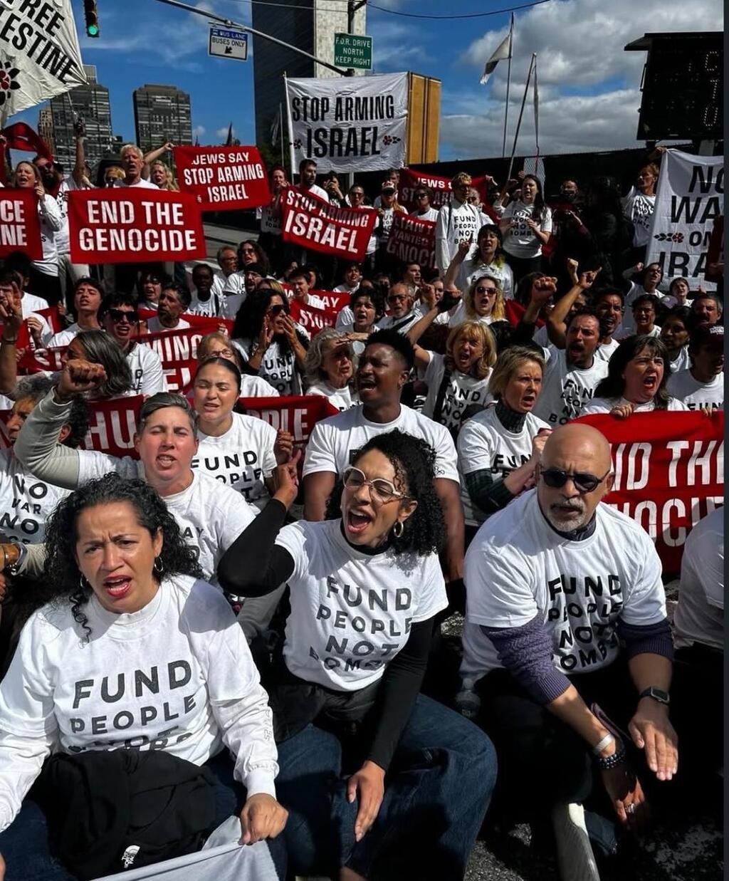Anti-Israel protesters gather during Netanyahu's address to the United Nations General Assembly (Photo: Section 27A of the Copyright Law) הפגנה פרו פלסטינית בניו יורק בזמן ביקורו של נתניהו