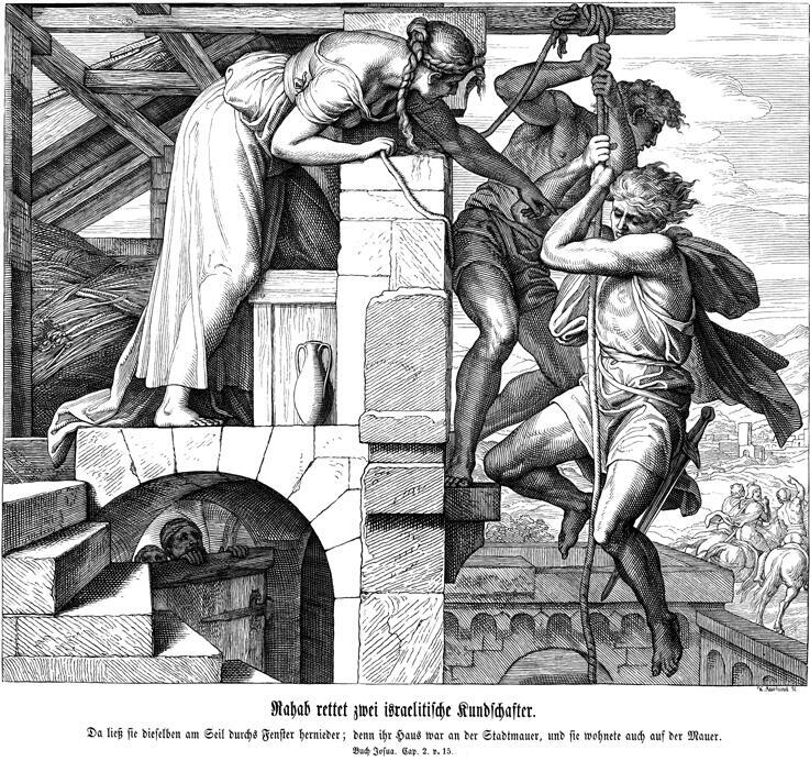 Rahab’s house escape, by German painter Julius Schnorr von Carolsfeld, from 'The Bible in Pictures' הבריחה מבית רחב – ציור של הצייר הגרמני יוליוס שנור פון קרולספלד, מתוך "התנ"ך בתמונות"