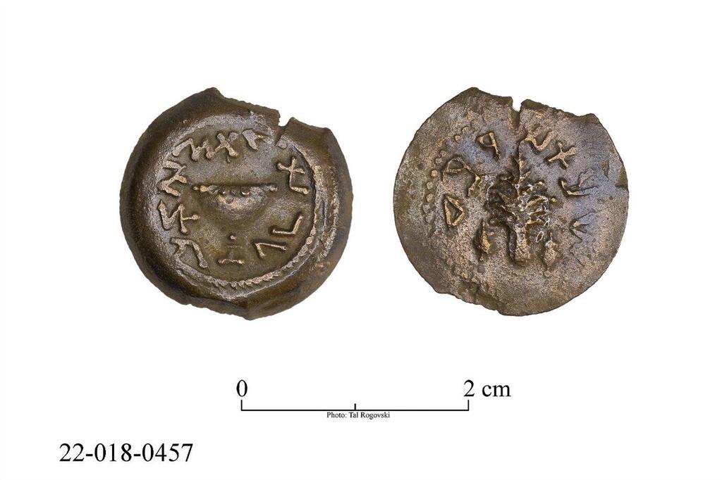 A bronze coin from the fourth year of the Great Revolt (Photo: Tal Rogovsky) מטבע ברונזה מהשנה הרביעית למרד הגדול