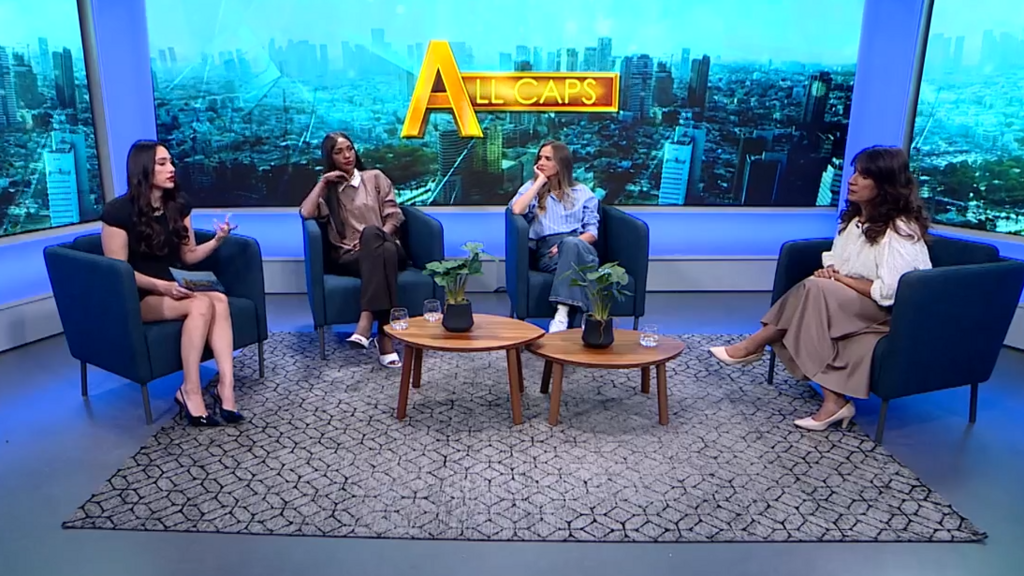 Nitsana Darshan-Leitner and the All Caps panel (Photo: Screenshot) All caps ep.28