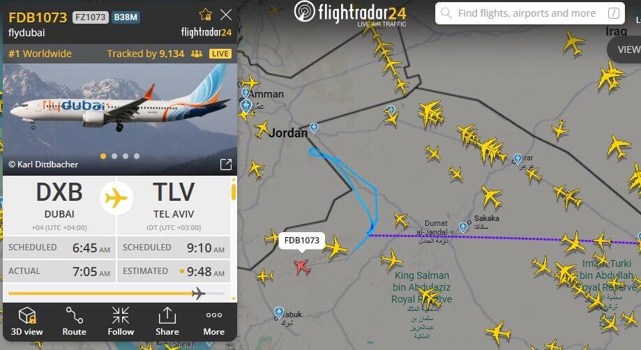 Map showing the flight path of the plane that turned back while traveling from Dubai to Israel amid a suspected hijacking מפת מסלול המטוס שחזר על עקבותיו מדובאי לישראל בשל חשש לחטיפה