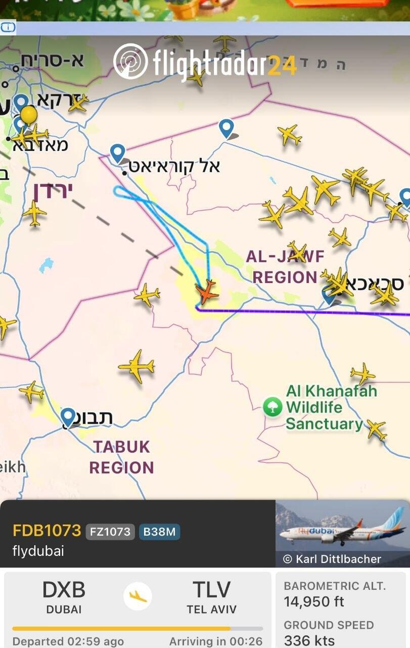 Map showing the flight path of the plane that turned back while traveling from Dubai to Israel amid a suspected hijacking מפת מסלול המטוס שחזר על עקבותיו מדובאי לישראל בשל חשש לחטיפה