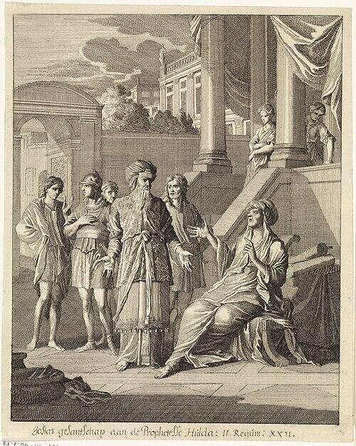 Huldah prophesies the destruction of Jerusalem (Print: Caspar Luyken, 1708) Huldah prophesies the destruction of Jerusalem
