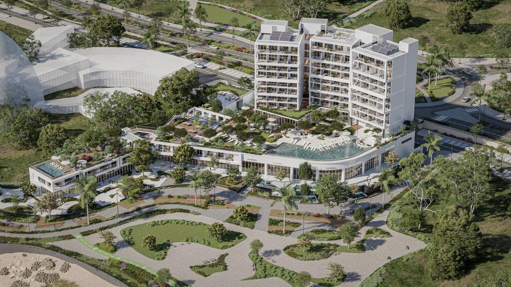 Rendering of the new luxury resort to be built on Ashkelon’s seafront promenade in place of the abandoned shell of the Cliff Hotel (Photo: Itzik Levy Architecture and Engineering) הדמיית ריזורט היוקרה החדש שיוקם בטיילת אשקלון במקום שלד מלון "קליף" הנטוש
