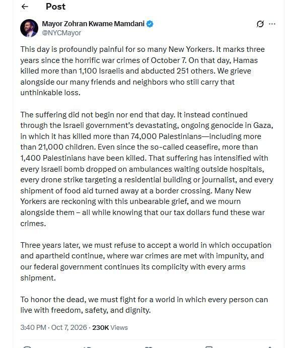 New York Mayor Zohran Mamdani's post marking the third anniversary of the Oct. 7 Hamas attack (Photo: Screengrab/NYCMayor/X) ראש עיריית ניו יורק, זוהראן ממדאני בציוץ על ציון שלוש השנים לזכר השבעה באוקטובר