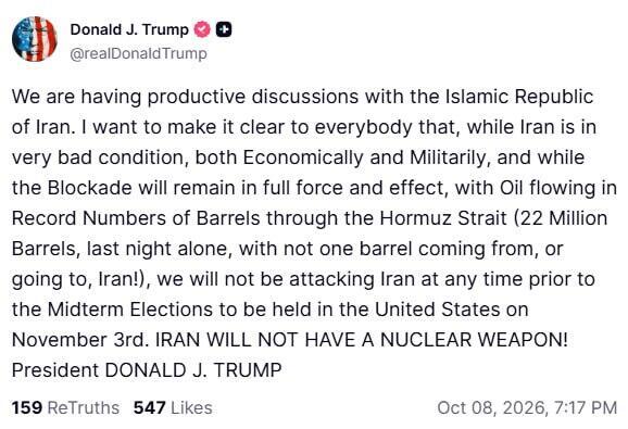 Trump's post on Thursday: 'Not before the midterm elections' נשיא ארה"ב מכריז בפוסט ב-Truth Social שלא יתקוף את איראן לפני בחירות האמצע