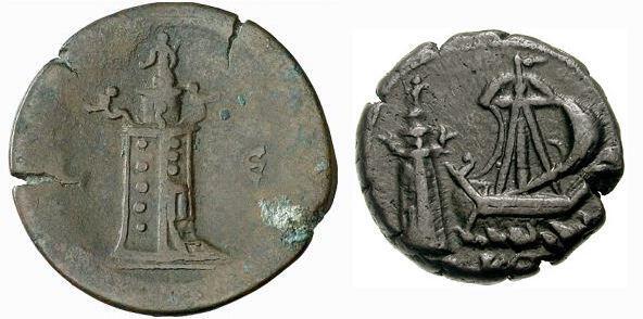 The Lighthouse of Alexandria depicted on a second-century coin (Photo: Wikimedia Commons) המגדלור באלכסנדריה על מטבע מהמאה ה-2