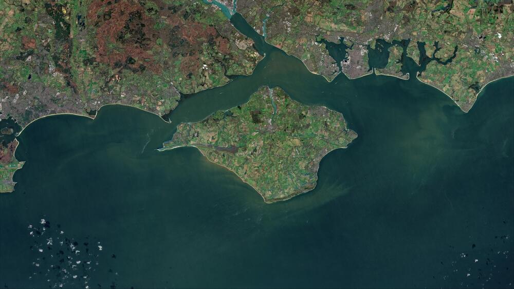 Satellite image of the Isle of Wight, where the fossil of Invictibellatrix amberina was discovered (Photo: zelvan/Shutterstock) צילום לווייני של האי ווייט, בו התגלה המאובן של Invictibellatrix amberina