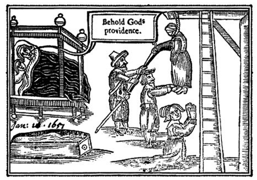 Historical illustration of Anne Greene's execution in 1650 (Photo: W. Burdet, 1651 / Wikimedia Commons – Public Domain) איור היסטורי מקורי של אן גרין ששרדה תלייה באנגליה בשנת 1650