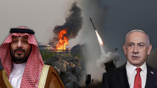 Saudi Crown Prince Mohammed bin Salman and Prime Minister Benjamin Netanyahu, with an Iron Dome battery and a fire at an oil facility in Riyadh following a Houthi attack 