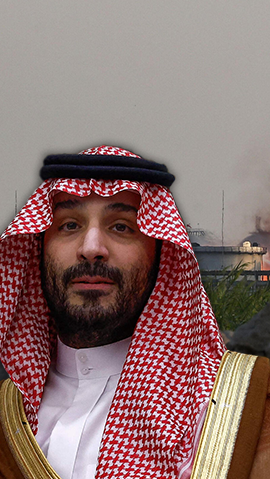 Saudi Crown Prince Mohammed bin Salman and Prime Minister Benjamin Netanyahu, with an Iron Dome battery and a fire at an oil facility in Riyadh following a Houthi attack 