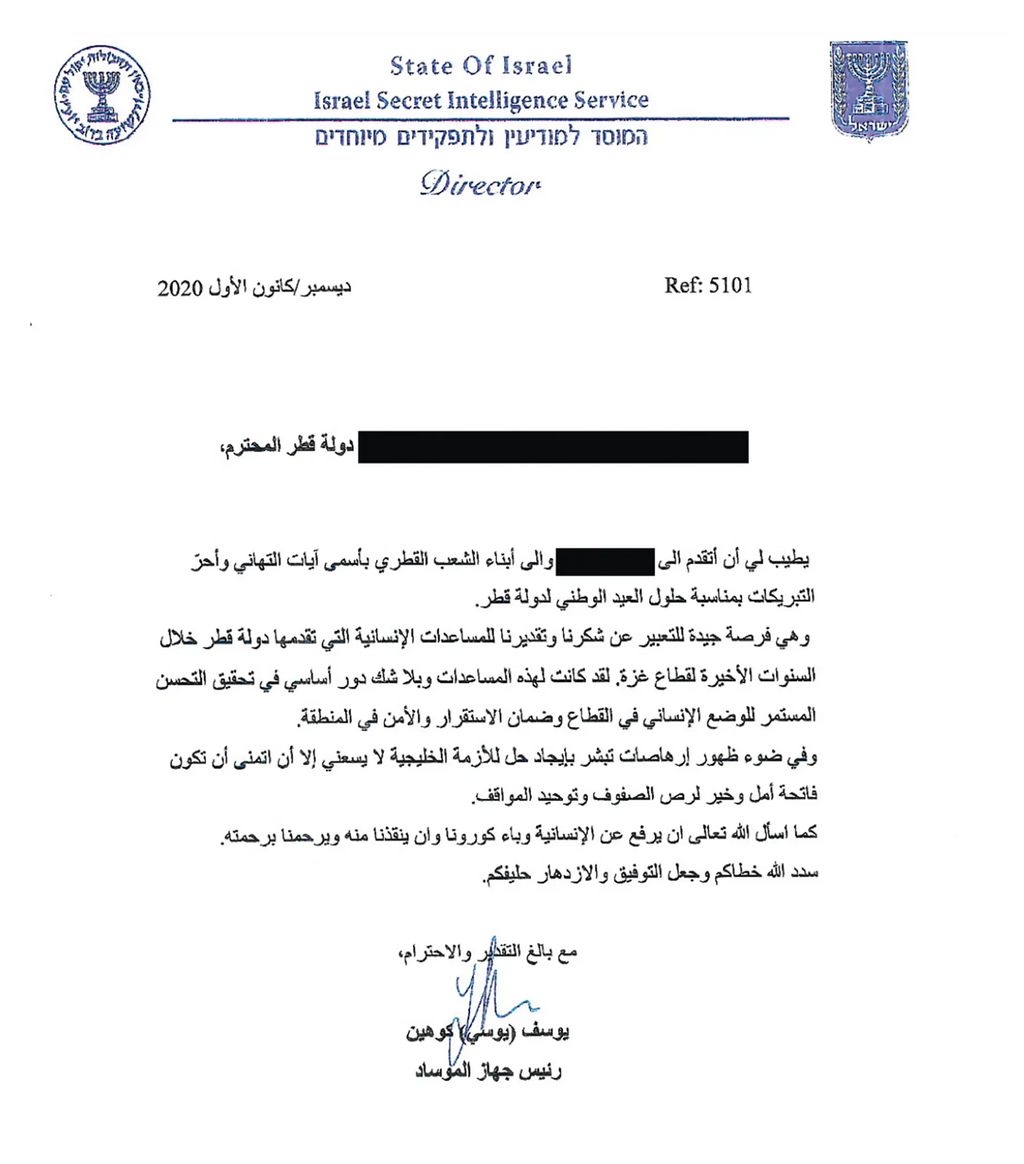 The December 2020 letter from former Mossad director Yossi Cohen to Qatar's emir (Photo: TIME) TIME: המסמכים שמראים איך ישראל ניווטה תשלומים קאטרים לעזה