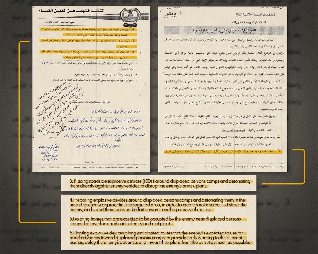 Internal Hamas document outlining a plan to plant explosives near camps housing displaced Palestinians in the Gaza Strip (Photo: IDF) IDF
