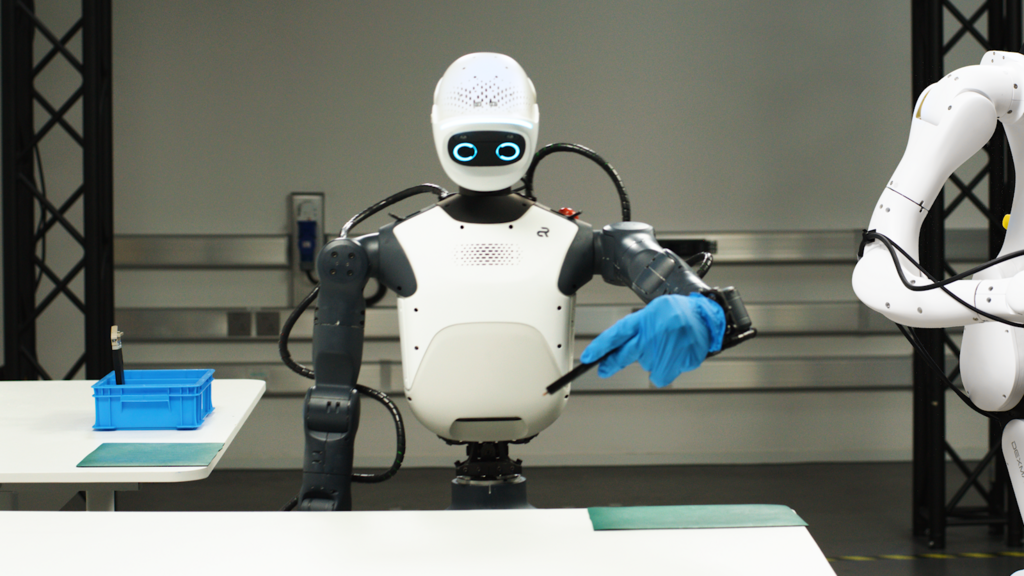The Agile ONE SN humanoid robot on display at Nvidia's GTC Berlin conference in October 2026 (Photo: Nvidia) רובוט מוצג באירוע GTC של אנבידיה בברלין, אוקטובר 2026