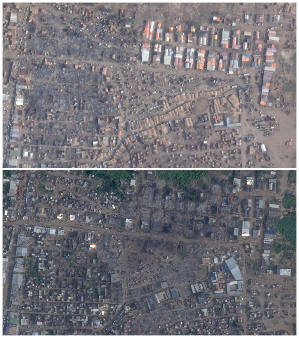 Satellite images show Amiet Market in March 2025 (top) and after the October 19 drone strike (bottom) (Photo: Planet Labs PBC/Handout via REUTERS) יותר מ-200 הרוגים במתקפת כטב"מים באזור אביי, שבמחלוקת בין סודן ל דרום סודן