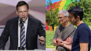 מימין: המנכ"ל החדש של אפל ג'ון טרנוס, טים קוק, פיטר ת'יל