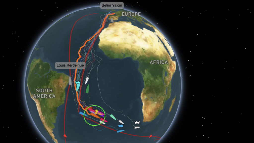 Daniel Pinsky's boat is circled in green; the route he has traveled so far is marked in orange (Screenshot: Race tracking website) הסירה של דניאל פינסקי מוקפת בעיגול ירוק. בכתום - המסלול שעבר