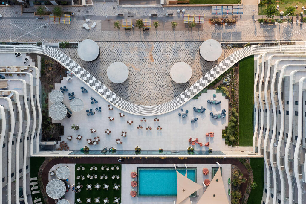 An aerial view of SEA ONE, the luxury residential complex for adults aged 60 and over on Rishon LeZion's beachfront (Photo: Oranim Group) An aerial view of SEA ONE, the luxury residential complex for adults aged 60 and over on Rishon LeZion's beachfront